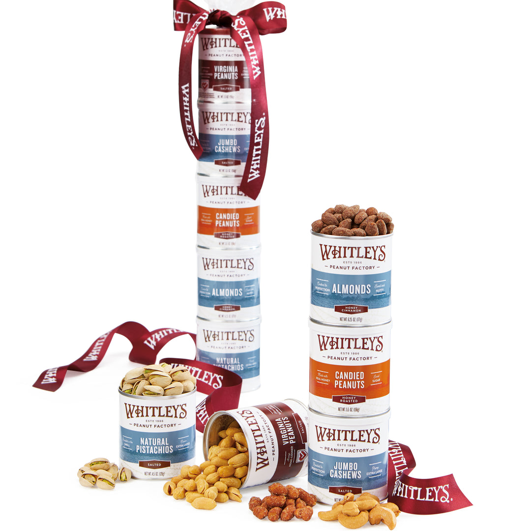 5-Pack Snack Tower: 4.5oz. Salted Pistachios, 5.5oz. Salted Virginia Peanuts, 6.25oz. Honey Cinnamon Almonds, 5.5oz. Honey Roasted Virginia Peanuts, 5.5oz. Salted Cashews with Whitley's branded ribbon
