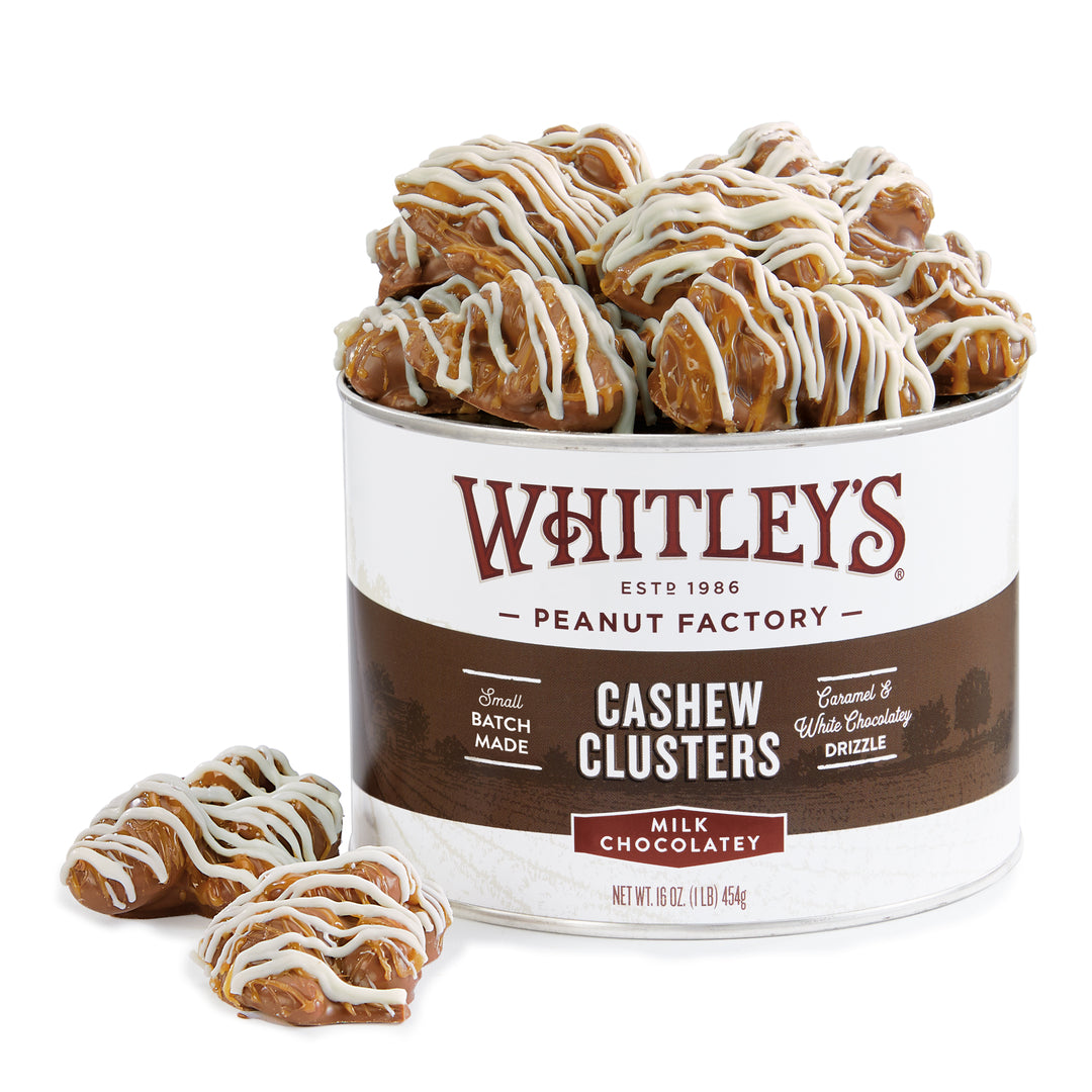 Case of 12 - 16 oz. Tins Milk Chocolatey Caramel Cashew Clusters