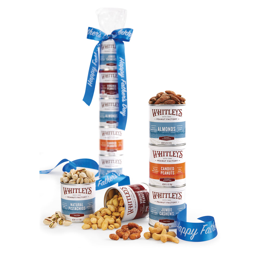 5-stack tower of tins with 4.5oz. Pistachios, 5.5oz. Salted Peanuts, 6.25oz. Honey Cinnamon Peanuts, 5.5oz. Hone Roasted Peanuts, 5.5oz. Tin Jumbo Cashews with blue Father's Day Ribbon.