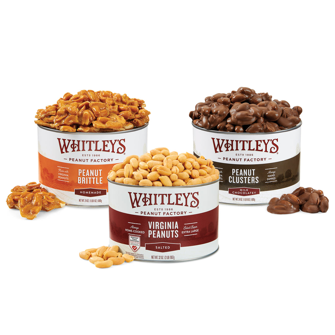 24 oz. tin of "Homemade" Peanut Brittle, 24 oz. tin of Milk Chocolatey Covered Peanut Clusters in a Whitley’s branded gift box