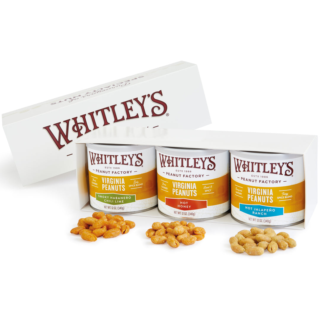3-12oz. tins Whitley's Virginia Peanuts: Smoky Habanero Chili Lime, Hot Honey, Hot Jalapeno Ranch in a Whitley's branded gift box