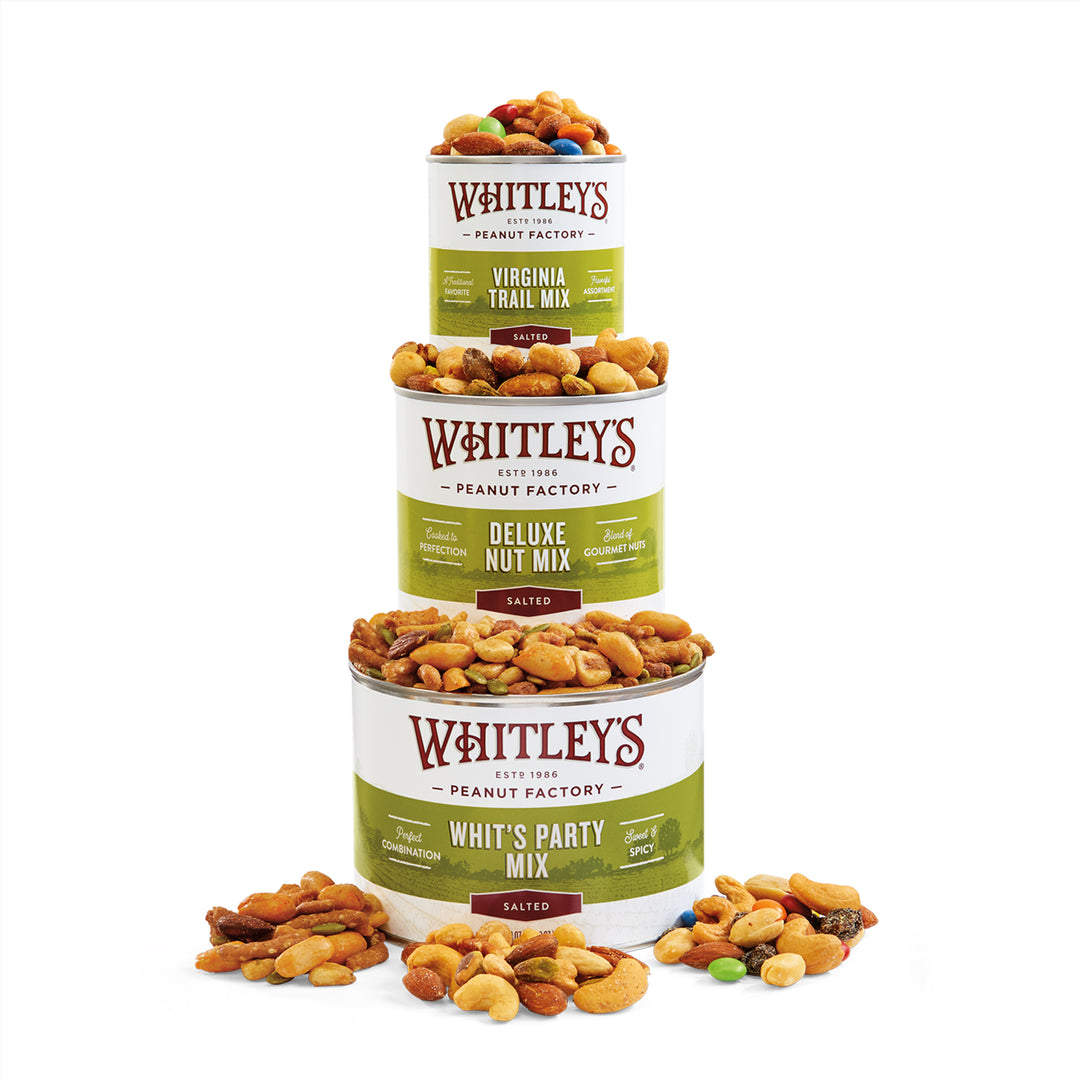 5.5 oz. Tin Virginia Trail Mix, 12 oz. Tin Deluxe Nut Mix, 18 oz. Tin Whit's Party Mix