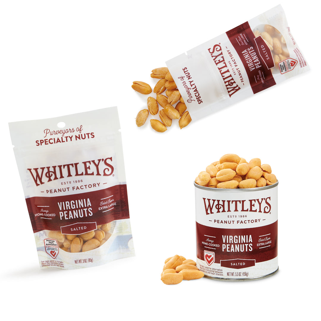 Group image:  3oz. Bag, 1 oz. Bag, and 5.5 oz. Tin Salted Virginia Peanuts
