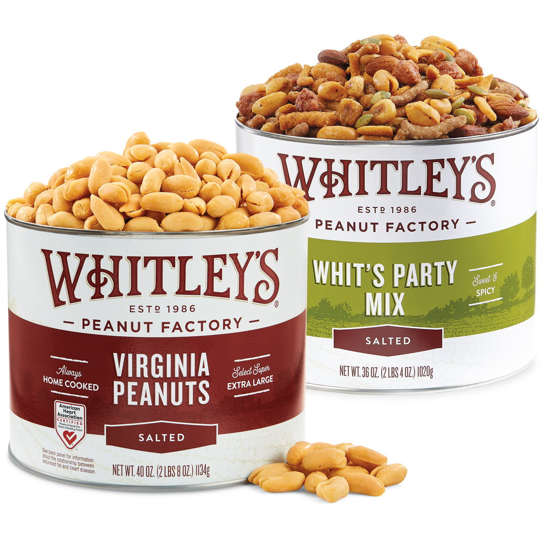 40oz. Tin Salted Virginia Peanuts, 36oz. Tin Whits Party Mix