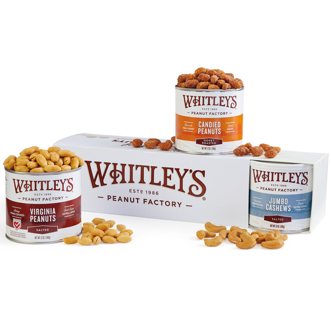 12oz. tins of Salted Virginia Peanuts, Honey Roasted Virginia Peanuts, Salted Jumbo Cashews