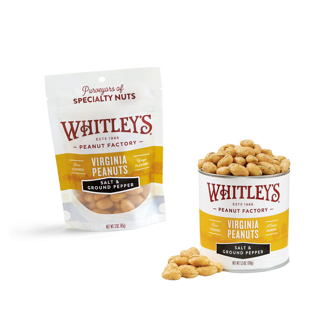 16oz. Bag and 5.5oz. tin Whitley's Salt and Ground Pepper Seasoned Virginia Peanuts