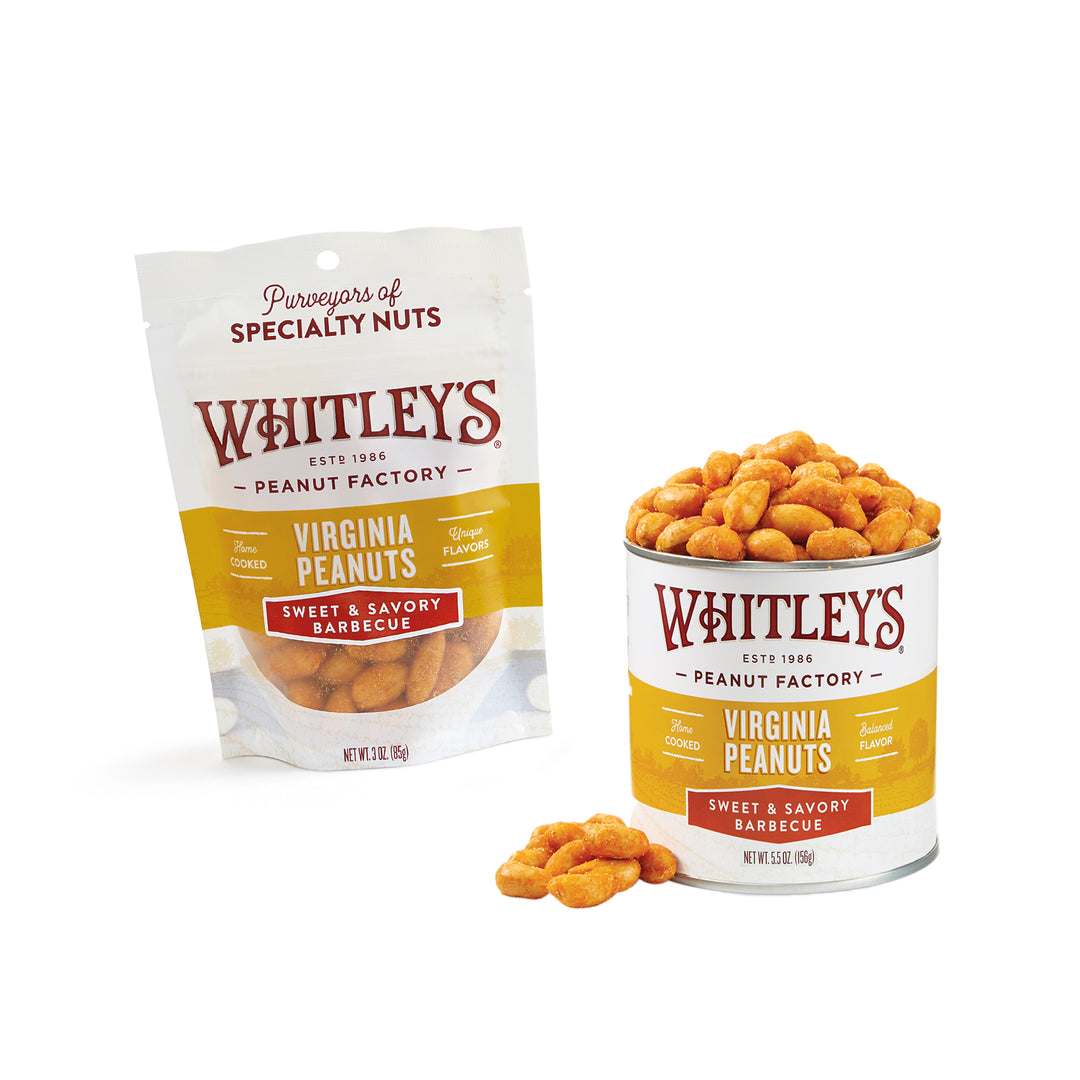 16oz. Bag and 5.5oz. tin Whitley's Sweet and Savory Barbecue Seasoned Virginia Peanuts