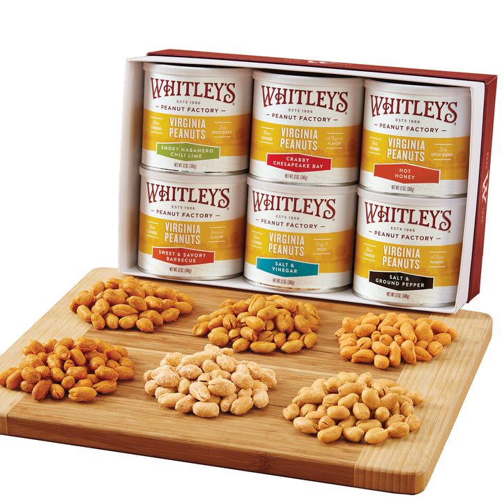 6-12oz. tins Whitley's Seasoned Virginia Peanuts in branded gift box:  Smoky Habanero Chili Lime, Crabby Chesapeake Bay, Hot Honey, Sweet & Savory Barbecue, Salt & Vinegar, Salt & Ground Pepper