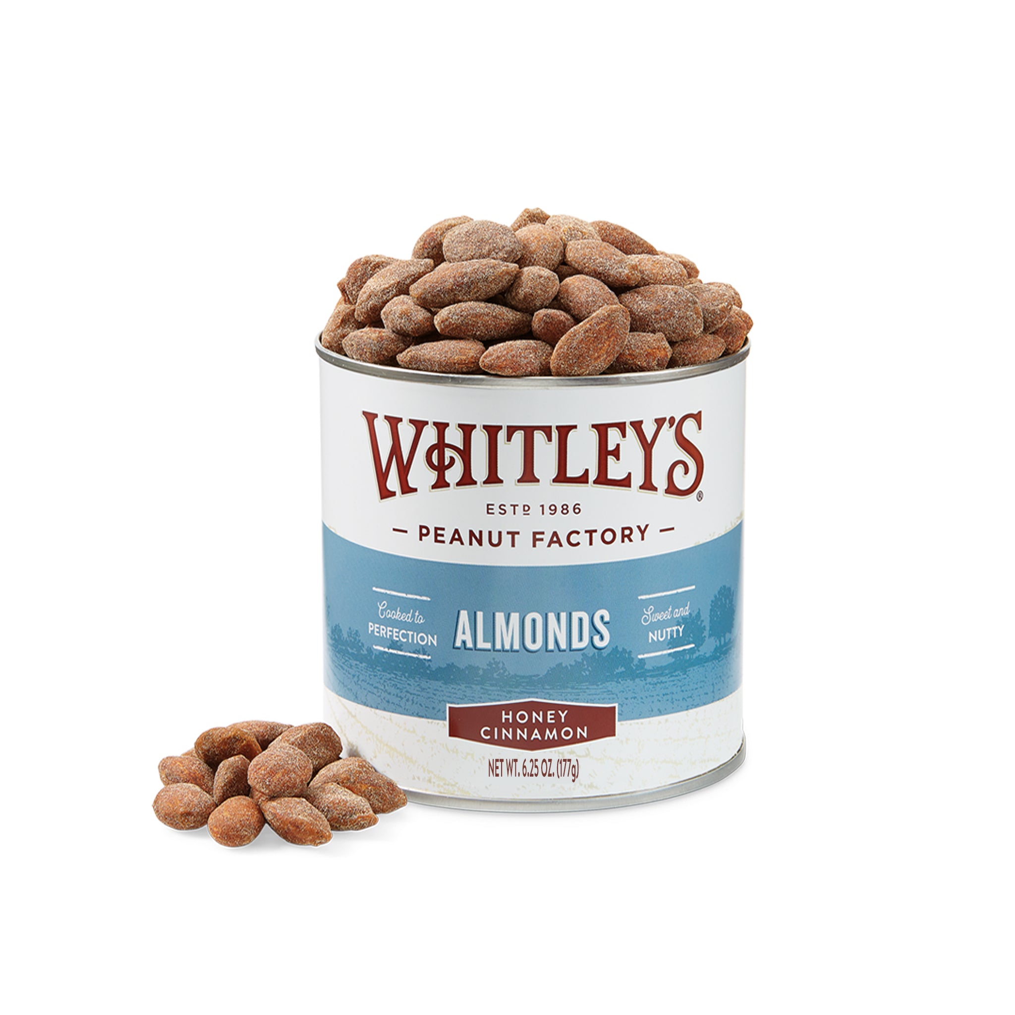 Bulk Case 20 - 6.25 oz. Tins Honey Cinnamon Almonds | Whitley's Peanut ...