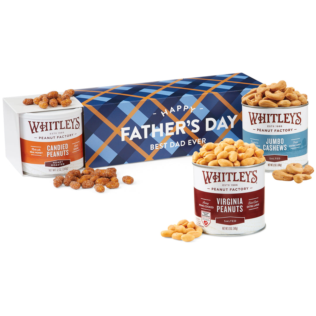 Sweet and Salty Nut Trio:  12 oz. Tin "Home Cooked" Salted Virginia Peanuts, 12 oz. Tin Honey Roasted Virginia Peanuts, 12 oz. Tin Salted Jumbo Cashews.  Blue and gold plaid gift box with Happy Father's Day Best Dad Ever sentiment.