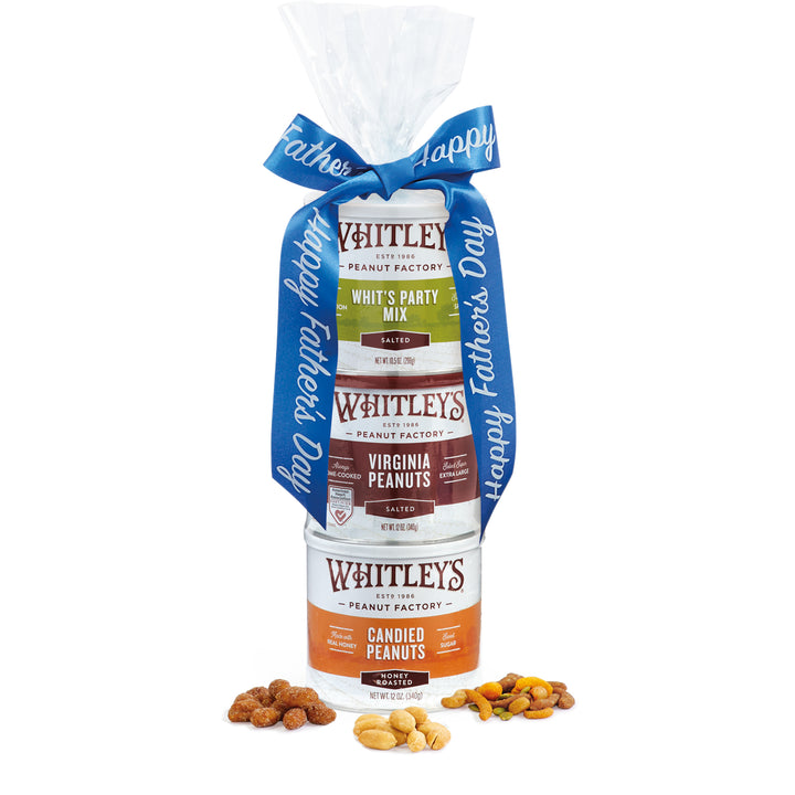 3-Stack Tower of Tins with 10.5 oz Part Mix, 12 ox. Salted Peanuts, 12 oz. Honey Roasted Peanuts with blue Father's Day Ribbon