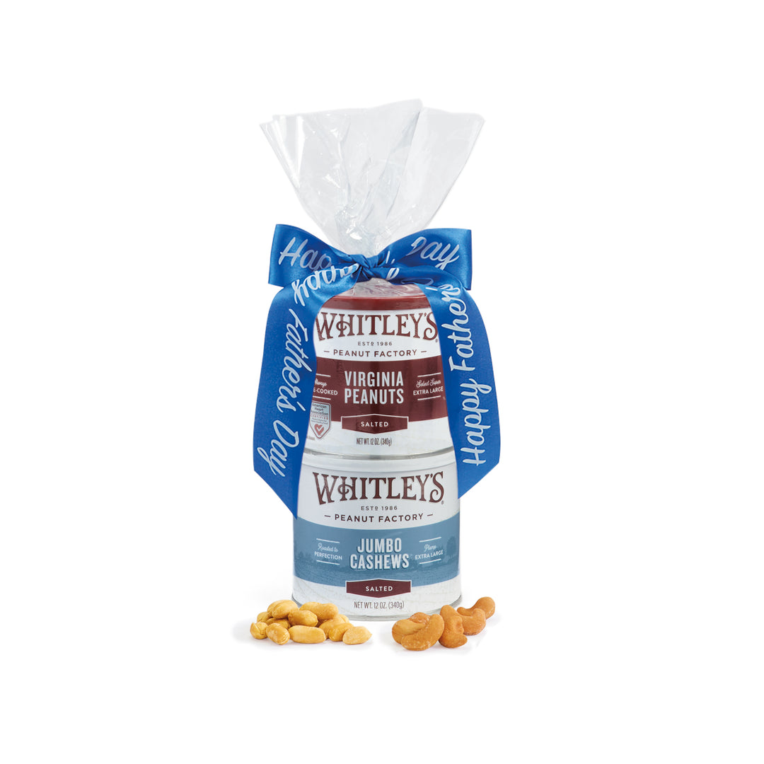 2-Stack Tower Tins with 12 oz Salted Peanuts, 12 oz. Jumbo Cashews with blue Father's Day Ribbon.