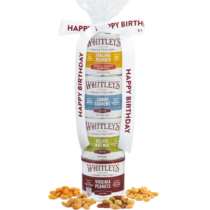 4-Stack Tower of Whitley's Penauts' Products:  Sweet & Savorty Barbecue, Cashews, Deluxe Nut Mix, Salted Virginia Peanuts with Happy Birthday Ribbon