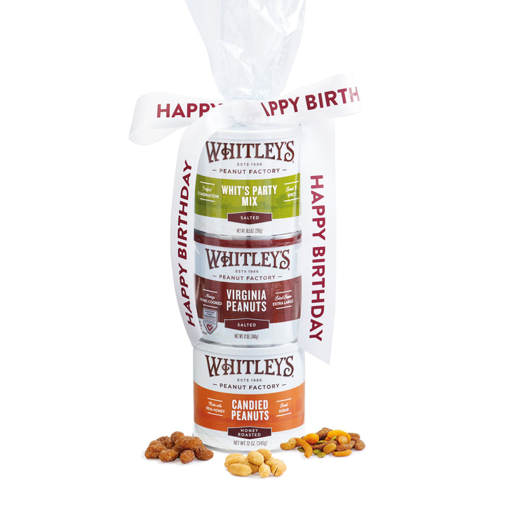 3-Stack Tower of Whitley's Peanuts' Products:  Whits Party Mix, Salted Virginia Peanuts, Honey Roasted Virginia Peanuts with Happy Birthday Ribbon