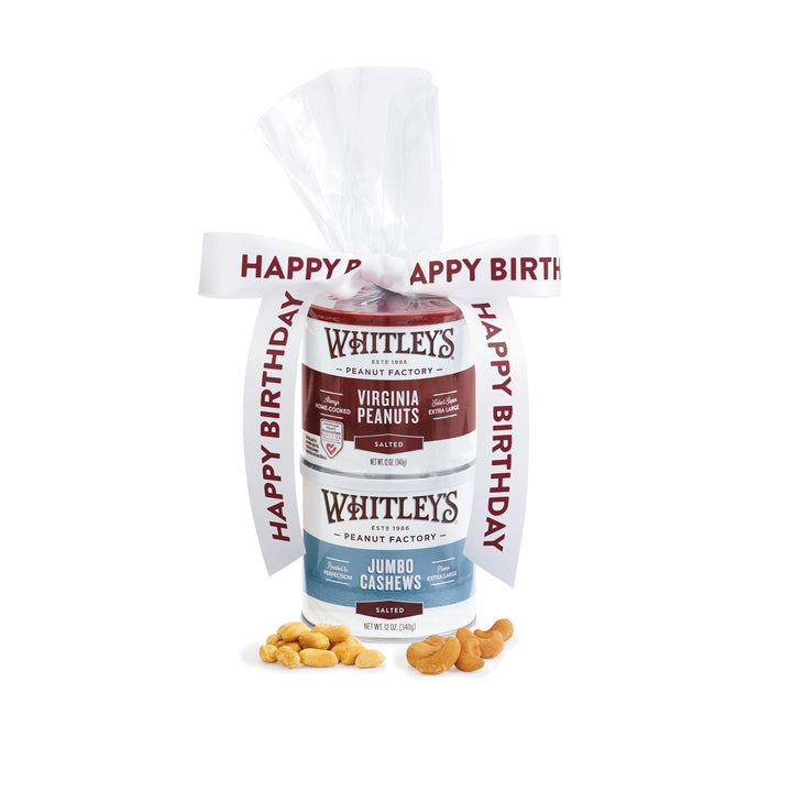 2-Stack Tower of Whitley's Penauts' Products:  Cashews, Salted Virginia Peanuts with Happy Birthfday Ribbon