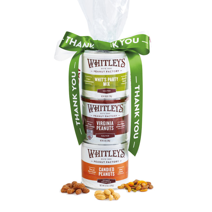 3-Stack Tower of Whitley's Peanuts' Products:  Whits Party Mix, Salted Virginia Peanuts, Honey Roasted Virginia Peanuts with Thank You Ribbon