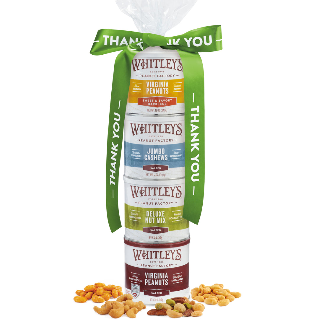 4-Stack Tower of Whitley's Penauts' Products:  Sweet & Savorty Barbecue, Cashews, Deluxe Nut Mix, Salted Virginia Peanuts with Thank You Ribbon