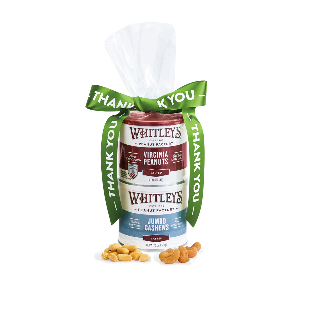 2-Stack Tower of Whitley's Penauts' Products:  Cashews, Salted Virginia Peanuts with Thank you Ribbon