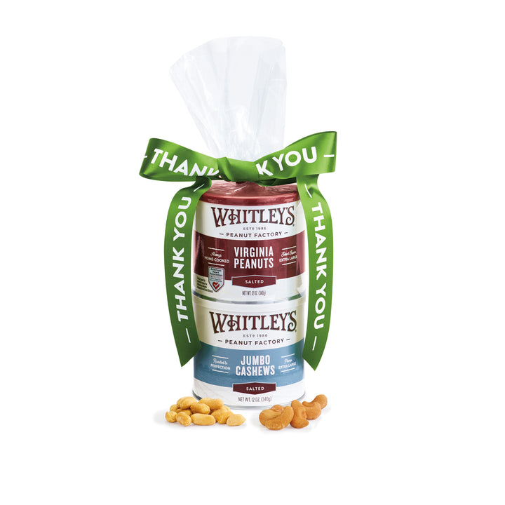 2-Stack Tower of Whitley's Penauts' Products:  Cashews, Salted Virginia Peanuts with Thank you Ribbon